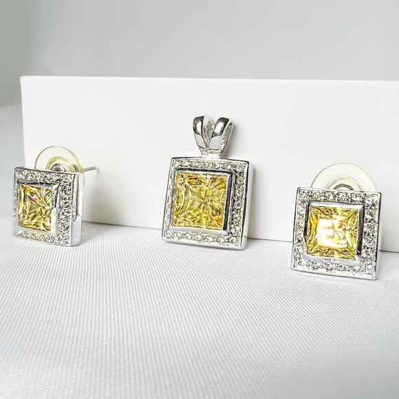 FANCY Canary Yellow and White Zirconias Earrings and Pendant Set 10K Gold Plated - Picture 4 of 8
